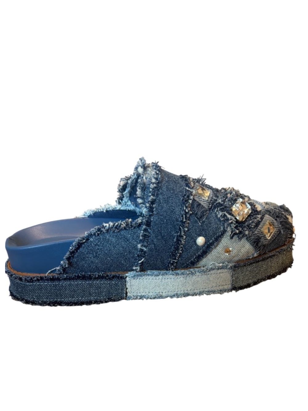 Gianni Bini Embellished Denim Patchwork Platform Mules Rhinestone Pearl 8.5 - Picture 4 of 8